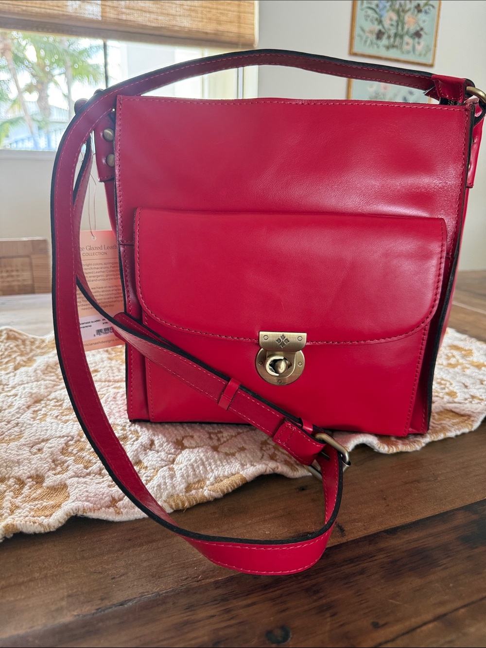 Patricia Nash Bright Red Leather Crossbody with Front Turn-Lock